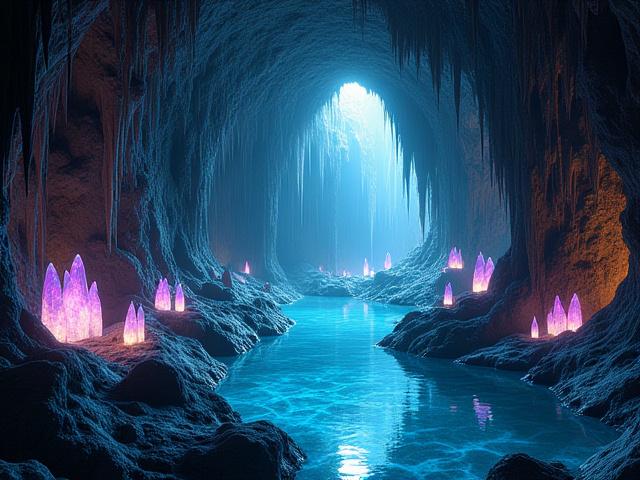 Detaljert 3D-modell av en underjordisk hule med glødende krystaller